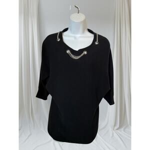 Neiman Marcus 100% Cashmere Black Sweater with Chain Detail Neckline